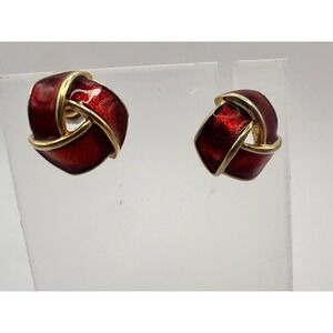 Vintage Red Enamel Knot‎ Earrings Gold Post Back Holiday